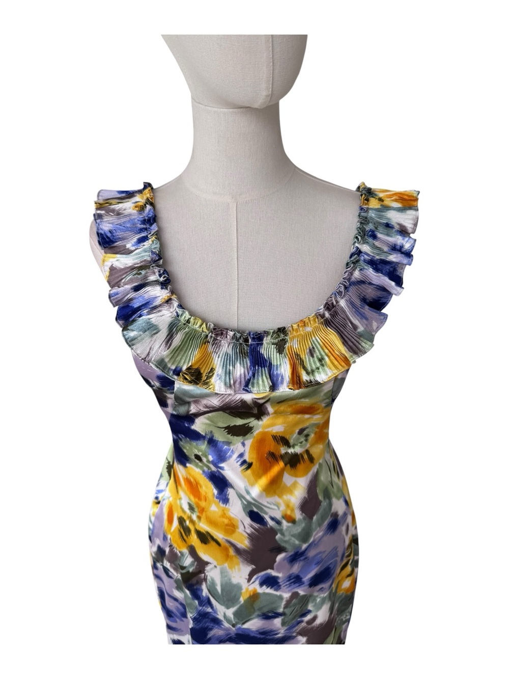 Maggy London Floral Pleated Ruffle Neck Sheath Dress Size 2 - Picture 6 of 11